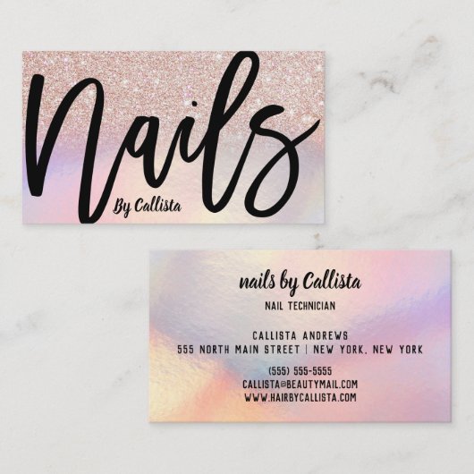 Girly Roos Gold Glitter Iridescent Nail Technician Visitekaartje (Voorkant / Achterkant)