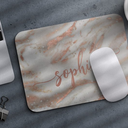 Girly roos Gold glitter marble elegant script name Muismat