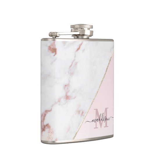 Girly Roos Gold Glitter Marble Monogram Heupfles (Rechts)