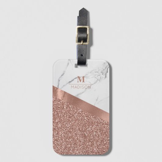Girly Roos Gold Glitter | Marmer Monogram Bagagelabel (Voorkant (verticaal))