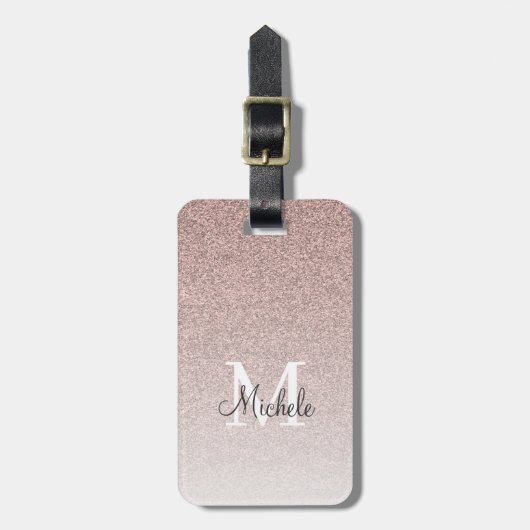 Girly Roos Gold Glitter Monogram Blush Pink Script Bagagelabel (Voorkant verticaal)