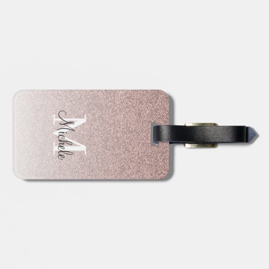 Girly Roos Gold Glitter Monogram Blush Pink Script Bagagelabel (Achterkant horizontaal)