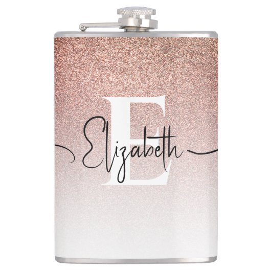 Girly Roos Gold Glitter Monogram Zwart Script Naam Heupfles (Voorkant)