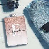 Girly Roos Gold Glitter Monogram Zwart Script Naam Heupfles