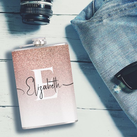 Girly Roos Gold Glitter Monogram Zwart Script Naam Heupfles