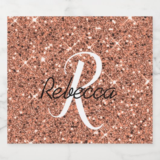 Girly Roos Gold Glitter Monogrammed Sparkling Wijnetiket (Enkel label)
