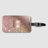 Girly Roos Gold Glitter Name Monogram Bagagelabel (Voorkant (horizontaal))