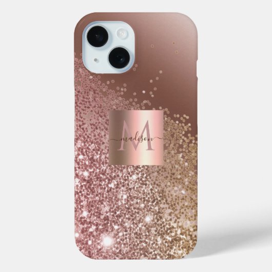 Girly Roos Gold Glitter Name Monogram Case-Mate iPhone Case (Achterkant)