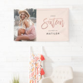 Girly roos Gold glitter roze foto 16e verjaardag Spandoek (Insitu)