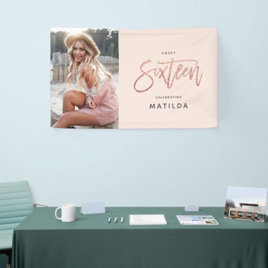 Girly roos Gold glitter roze foto 16e verjaardag Spandoek (Beurs)