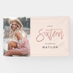 Girly roos Gold glitter roze foto 16e verjaardag Spandoek