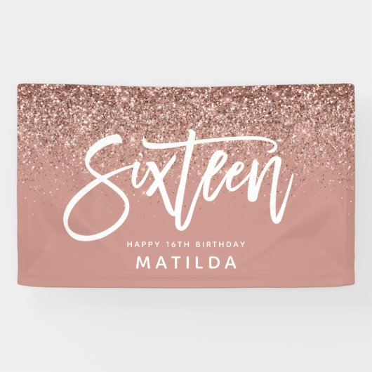 Girly roos Gold glitter roze typograaf 16 verjaard Spandoek (Horizontaal)