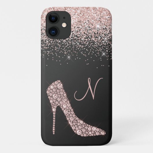 Girly Roos Gold Glitter Shoe Script Monogram Black Case-Mate iPhone Case (Achterkant)