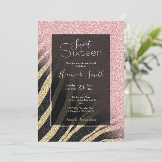 Girly Roos Gold Glitter Sparkles Black Zebra Print Kaart (Staand voorkant)