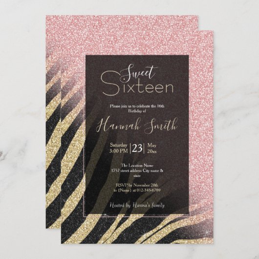 Girly Roos Gold Glitter Sparkles Black Zebra Print Kaart (Voorkant / Achterkant)