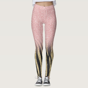 Girly Roos Gold Glitter Sparkles Black Zebra Print Leggings