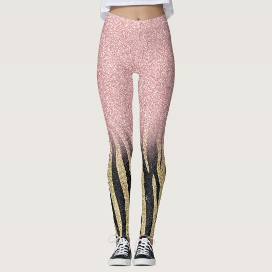Girly Roos Gold Glitter Sparkles Black Zebra Print Leggings (Voorkant)