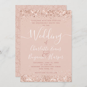 Girly Roos Gold Glitter Wedding Invitation Kaart