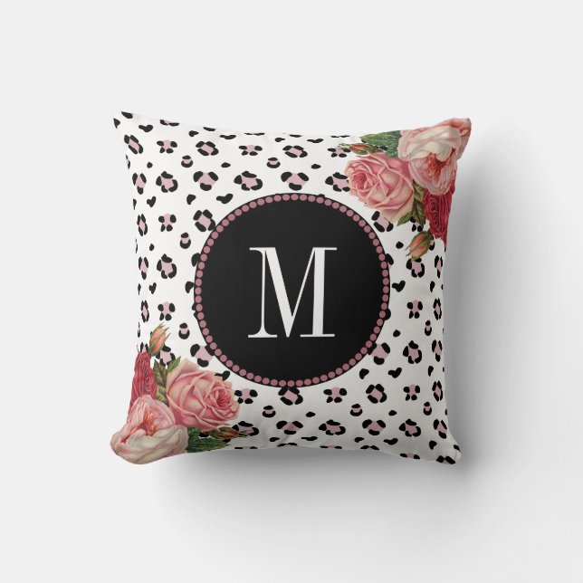 Girly Roos Gold Leopard  Floral Monogram Kussen (Voorkant)