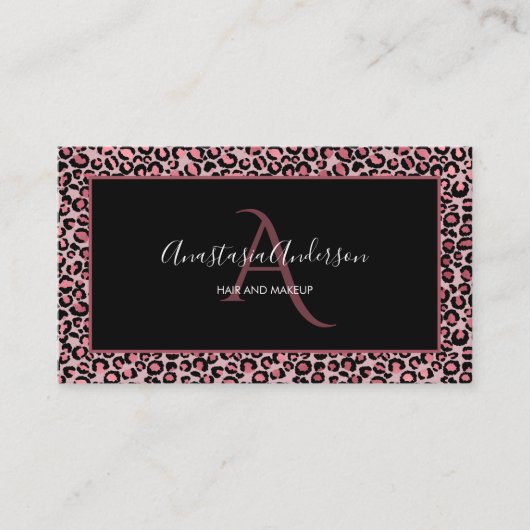Girly Roos Gold Leopard Spots Chic Black Monogram Visitekaartje (Voorkant)