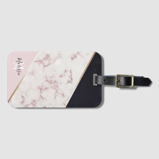 Girly Roos Gold Marble Abstract Monogram Bagagelabel (Voorkant (horizontaal))