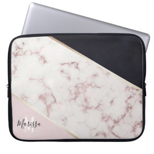 Girly Roos Gold Marble Abstract Monogram Laptop Sleeve