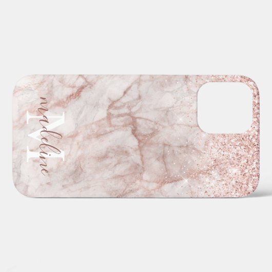 Girly Roos Gold Marble Glitter Monogramname Case-Mate iPhone Case (Achterkant (horizontaal))