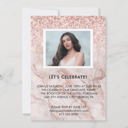 Girly Roos Gold Photo Graduation Party Invitation Aankondiging (Achterkant)