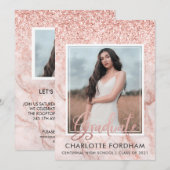 Girly Roos Gold Photo Graduation Party Invitation Aankondiging (Voorkant / Achterkant)