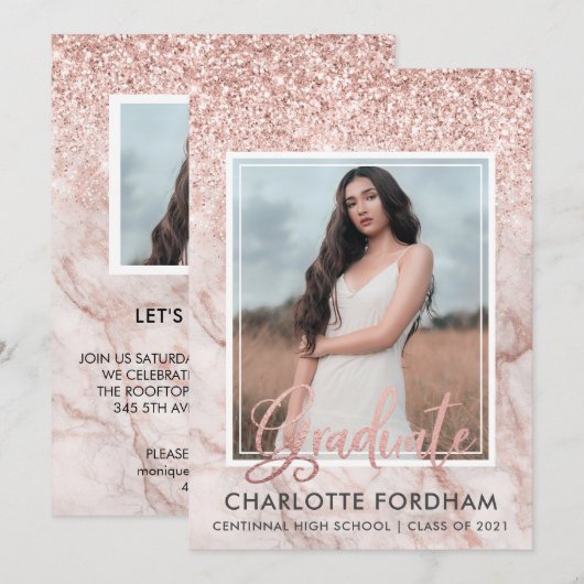 Girly Roos Gold Photo Graduation Party Invitation Aankondiging (Voorkant / Achterkant)