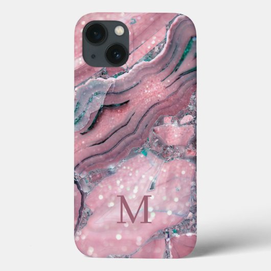 Girly Roos Gold Pink Agate Quartz Glitter Monogram Case-Mate iPhone Case (Achterkant)