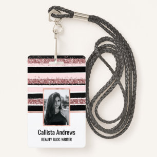 Girly Roos Gold Pink Black Glitter Stripes Patroon Badge