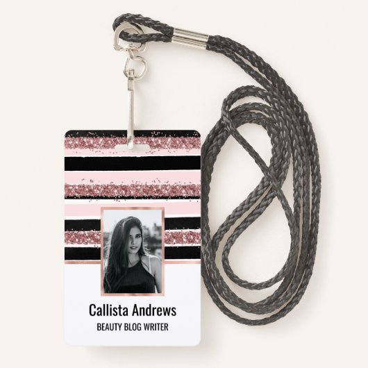 Girly Roos Gold Pink Black Glitter Stripes Patroon Badge (Voorkant met draagriem)