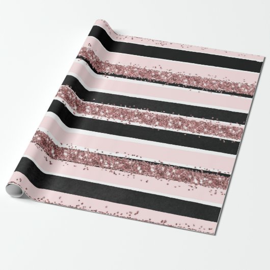 Girly Roos Gold Pink Black Glitter Stripes Patroon Cadeaupapier (Uitgerold)