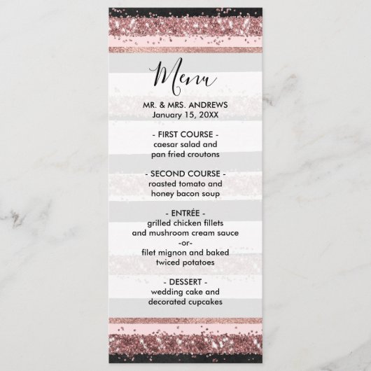 Girly Roos Gold Pink Black Glitter Stripes Patroon Menu (Voorkant)