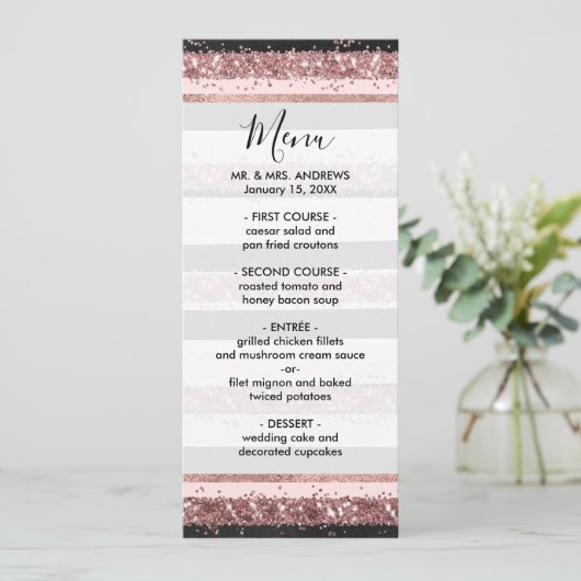 Girly Roos Gold Pink Black Glitter Stripes Patroon Menu (Staand voorkant)