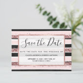 Girly Roos Gold Pink Black Glitter Stripes Patroon Save The Date (Staand voorkant)