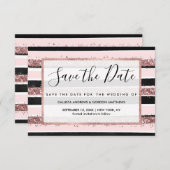 Girly Roos Gold Pink Black Glitter Stripes Patroon Save The Date (Voorkant / Achterkant)
