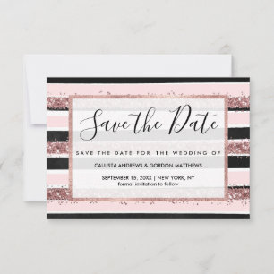 Girly Roos Gold Pink Black Glitter Stripes Patroon Save The Date