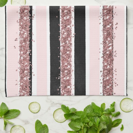 Girly Roos Gold Pink Black Glitter Stripes Patroon Theedoek (Gevouwen)