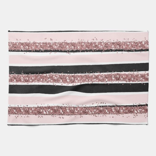 Girly Roos Gold Pink Black Glitter Stripes Patroon Theedoek (Horizontaal)
