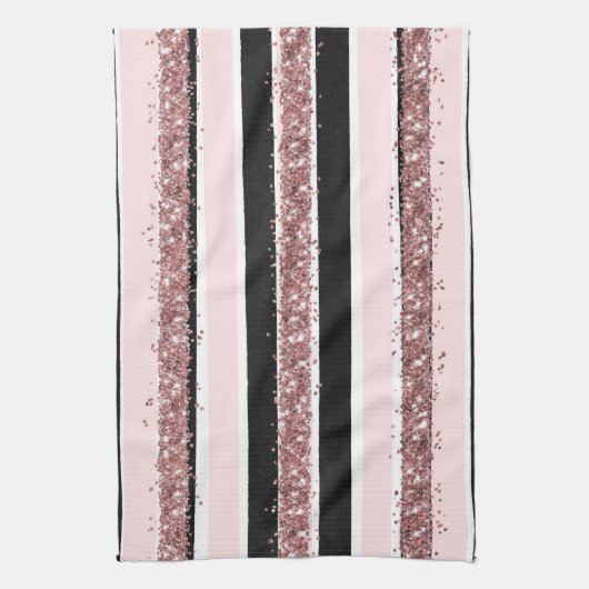 Girly Roos Gold Pink Black Glitter Stripes Patroon Theedoek (Verticaal)