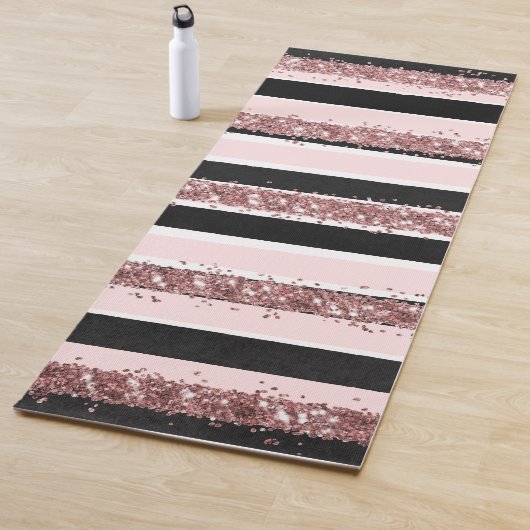 Girly Roos Gold Pink Black Glitter Stripes Patroon Yogamat (In situ)