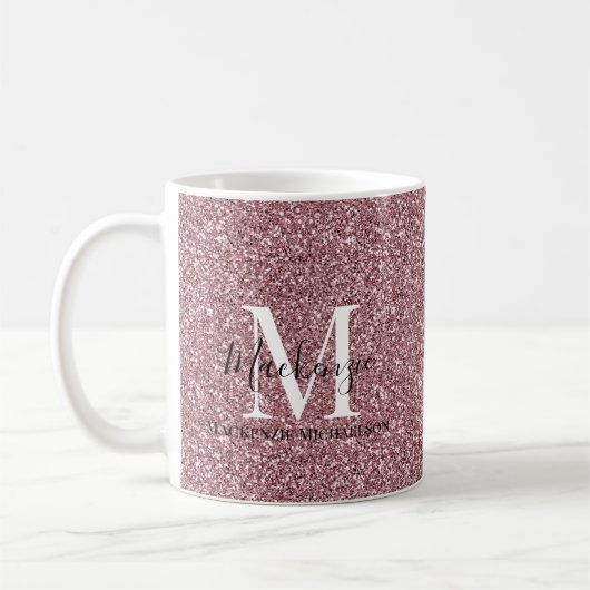 Girly Roos Gold Pink Glitter Monogram Naam Koffiemok (Links)