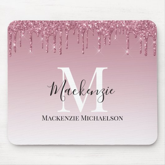Girly Roos Gold Pink Glitter Monogram Naam Muismat (Voorkant)