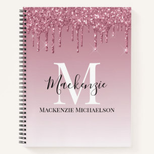 Girly Roos Gold Pink Glitter Monogram Naam Notitieboek