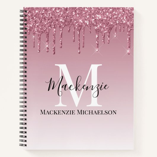 Girly Roos Gold Pink Glitter Monogram Naam Notitieboek (Voorkant)