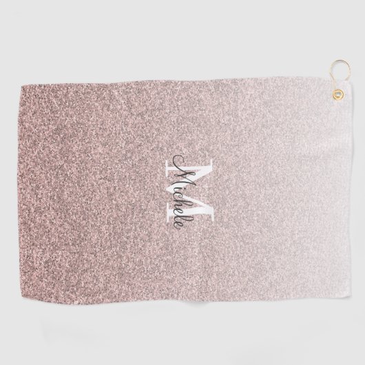 Girly Roos Gold Pink Glitter Monogram Script Golfhanddoek (Horizontaal)