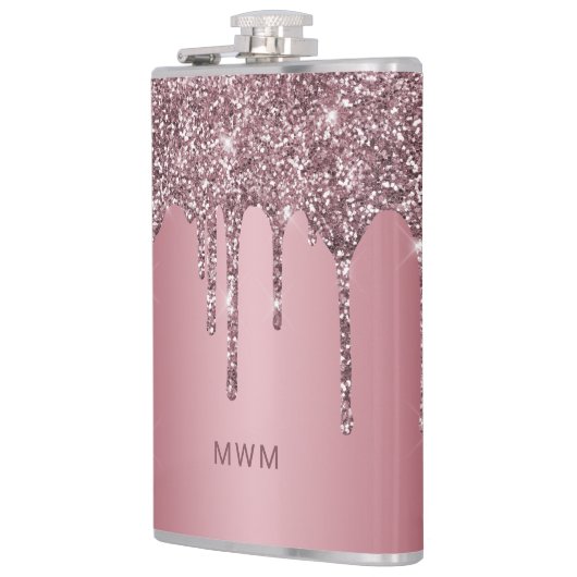 Girly Roos Gold Pink Glitter Sparkle Drip Monogram Heupfles (Links)