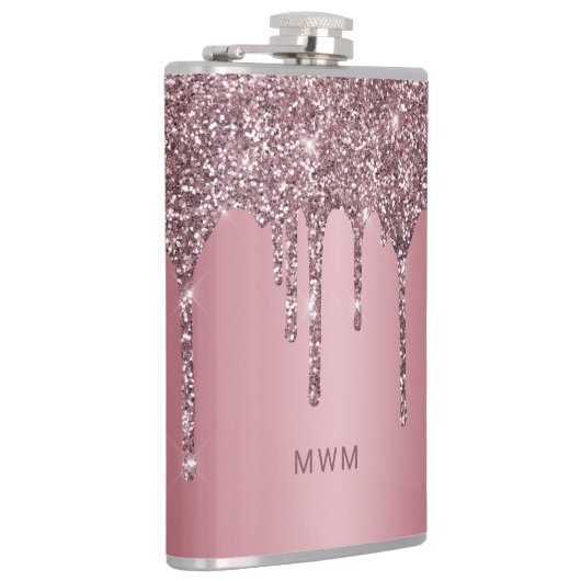 Girly Roos Gold Pink Glitter Sparkle Drip Monogram Heupfles (Rechts)